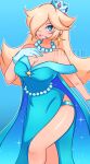  1girl blonde_hair blue_dress blue_eyes collar cresscin crown dress earrings gloves hand_on_own_chest highres jewelry long_hair mario_(series) rosalina smile solo white_gloves 