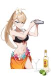  1girl absurdres alcohol bangs bartender bikini bikini_top_only blonde_hair blue_eyes bow bow_bra bra braid braided_bangs breasts closed_mouth cocktail_glass collarbone copycat001 cowboy_shot cup drinking_glass flower food frilled_bikini frills fruit g36_(girls&#039;_frontline) girls&#039;_frontline hair_flower hair_ornament highres jitome lime_(fruit) long_hair medium_breasts navel ponytail simple_background skirt solo swept_bangs swimsuit thick_eyelashes tsurime underwear very_long_hair white_background 