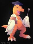  agumon black_background black_headwear claws colored_skin digimon digimon_(creature) highres holding jacket long_sleeves no_humans open_mouth orange_skin sharp_teeth shoupitsuki solo standing striped striped_background teeth tongue torn_clothes torn_sleeves translation_request white_jacket 