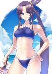  1girl ass_visible_through_thighs bikini black_hair blue_bikini blue_eyes breasts fate/grand_order fate_(series) hand_fan hand_on_hip long_hair medium_breasts nyantiu ocean side_ponytail smile swimsuit ushiwakamaru_(fate) ushiwakamaru_(swimsuit_assassin)_(fate) 