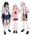  1girl 2boys :d :o bangs black_footwear black_hair blue_skirt bow bowtie brown_footwear brown_hair brown_sweater clothes_around_waist collared_shirt crossdressing danganronpa_(series) danganronpa_2:_goodbye_despair galaga grey_background grey_hair grey_shirt grey_socks hair_bow hair_ornament hairclip hand_up highres kamukura_izuru kkochmeli komaeda_nagito long_hair medium_hair multiple_boys nail_polish nanami_chiaki necktie open_mouth orange_bow plaid plaid_skirt pleated_skirt red_bow red_bowtie red_nails red_necktie scrunchie shirt short_hair simple_background skirt smile socks sweater sweater_around_waist teeth upper_teeth wrist_scrunchie 