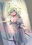  1girl bangs blurry blurry_background blush covering covering_breasts cowboy_shot culotte_(hosenrock) curtains dutch_angle eyeball furrowed_brow hair_between_eyes heart heart-shaped_pupils highres indoors komeiji_koishi light_green_hair looking_at_viewer medium_hair no_headwear off_shoulder parted_lips single_bare_shoulder solo symbol-shaped_pupils third_eye touhou window 