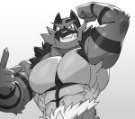  2022 5_fingers abs anthro arm_markings biceps big_muscles biped black_markings cheek_tuft chesschirebacon digital_media_(artwork) facial_tuft felid fingers flexing flexing_bicep front_view fur generation_7_pokemon glistening glistening_arms glistening_eyes half-length_portrait hi_res incineroar looking_at_viewer male mammal markings monochrome multicolored_body multicolored_fur muscular muscular_anthro muscular_male nintendo pecs pokemon pokemon_(species) portrait ring_(marking) simple_background solo teeth tuft two_tone_body two_tone_fur video_games white_background 