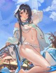  1girl ahoge arknights arm_up ball bare_legs bare_shoulders barefoot beachball bikini black_eyes black_hair blue_sky blush breasts cleavage day frilled_bikini frills goggles goggles_around_neck hair_intakes id_card jacket la_pluma_(arknights) la_pluma_(summer_flowers)_(arknights) leg_up long_sleeves looking_at_viewer medium_breasts mouth_hold navel nineye off_shoulder official_alternate_costume open_clothes open_jacket outdoors pool_ladder see-through short_hair sky solo sparkle standing standing_on_one_leg stomach swimsuit thighs unzipped water whistle white_bikini white_jacket wing_hair_ornament 