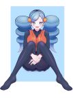  1girl :d absurdres ace_trainer_(pokemon) black_skirt blue_background blue_hair blush border breasts commentary_request full_body hair_ornament hairclip happy highres long_hair long_sleeves looking_at_viewer natuiroasu open_mouth orange_vest own_hands_together pantyhose pokemon pokemon_(game) pokemon_bw skirt smile solo twintails vest white_border 