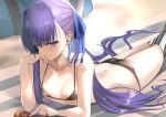  1girl bangs bare_shoulders bikini black_bikini blue_eyes blue_ribbon blush breasts cleavage closed_mouth collarbone fate/grand_order fate_(series) hair_ornament hair_ribbon kesoshirou long_hair lying meltryllis_(fate) meltryllis_(swimsuit_lancer)_(fate) micro_bikini on_stomach purple_hair ribbon small_breasts solo swimsuit thighs 