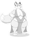  2022 3_toes anthro big_breasts breasts canid canine cleavage clothed clothing countershade_face countershade_torso countershading digital_media_(artwork) dipstick_tail dress feet female fluffy fluffy_tail fox fur hand_on_hip hi_res huge_breasts inner_boob inner_ear_fluff inner_side_boob looking_aside mammal markings monochrome multicolored_body multicolored_fur navel navel_outline plunging_neckline shadow smile solo standing tail_markings thick_thighs titsunekitsune toes tuft wide_hips zera_(titsunekitsune) 