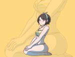  1girl bikini black_hair blush breasts frown full_body hairband highres hololive holykoshi medium_breasts oozora_subaru seiza short_hair sitting solo striped striped_bikini swimsuit virtual_youtuber yellow_background yellow_eyes zoom_layer 