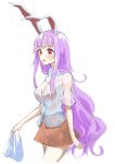  1girl absurdres animal_ears bangs blush bra breasts buttons collared_shirt commentary_request grey_shirt hair_between_eyes hand_up highres long_hair looking_down medium_breasts open_mouth orange_skirt otomeza_ryuseigun pink_bra purple_hair rabbit_ears red_eyes reisen_udongein_inaba see-through shirt short_sleeves simple_background skirt solo touhou underwear wet white_background 