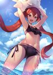  1girl :d armpits arms_up ass_visible_through_thighs bikini black_bikini black_ribbon blue_sky collarbone day fire_emblem fire_emblem_fates flat_chest from_below highres inflatable_toy lens_flare long_hair looking_at_viewer looking_down navel ocean open_mouth outdoors red_eyes red_hair ribbon selena_(fire_emblem_fates) side-tie_bikini signature sky smile solo standing stomach swimsuit tarayuki v-shaped_eyebrows very_long_hair wading water 