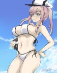  1girl ball bikini blonde_hair blue_sky breasts cloud commentary_request gakky graf_zeppelin_(kancolle) grey_eyes hair_between_eyes hand_on_hip hat kantai_collection large_breasts one-hour_drawing_challenge peaked_cap side-tie_bikini sidelocks sky solo swimsuit tsurime twintails white_bikini 