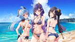  3girls ;d ahoge ass asymmetrical_bangs back bangs bare_back beach bikini bikini_under_clothes black_gloves black_hair black_ribbon blue_bikini blue_eyes blue_hair blue_sky braid braided_ponytail breasts chinese_knot cleavage cloud contrapposto cowboy_shot day denim denim_shorts earrings ganyu_(genshin_impact) genshin_impact gloves goat_horns green_eyes groin hair_ribbon halterneck hands_on_hips highleg highleg_bikini highres horns jacket jewelry large_breasts long_hair looking_at_viewer low_ponytail matrix16 median_furrow medium_breasts mole mole_under_eye mona_(genshin_impact) multiple_girls navel ocean off_shoulder one_eye_closed open_clothes open_jacket outdoors paid_reward_available pendant ponytail_holder purple_eyes purple_hair purple_jacket raiden_shogun ribbon sand shore shorts sideboob sky small_breasts smile standing star_(symbol) star_earrings stomach string_bikini striped striped_bikini swept_bangs swimsuit thighs thong_bikini twintails vision_(genshin_impact) white_bikini wrist_straps 