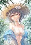  1girl absurdres arknights bangs bare_shoulders bikini breasts cleavage collarbone flower grey_eyes grey_hair grin hair_between_eyes hair_flower hair_ornament hat highres innoarukugyou jacket la_pluma_(arknights) la_pluma_(summer_flowers)_(arknights) large_breasts looking_at_viewer navel off_shoulder official_alternate_costume open_clothes open_jacket short_hair smile solo stomach straw_hat swimsuit upper_body white_bikini white_flower 