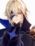  1boy absurdres artist_name bangs black_cape black_jacket blonde_hair blue_cape blue_eyes blue_mask cape closed_mouth collared_cape commentary_request dainsleif_(genshin_impact) eyelashes genshin_impact genshin_kakino gold_trim grey_background hair_between_eyes hair_intakes half_mask high_collar highres jacket light_particles looking_at_viewer male_focus mask mask_over_one_eye serious short_hair sidelocks solo star-shaped_pupils star_(symbol) symbol-shaped_pupils twitter_username two-sided_cape two-sided_fabric upper_body 