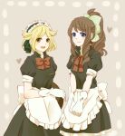  :d bianca_(pokemon) blonde_hair blue_eyes bow brown_hair gloves green_bow green_eyes hair_ornament high_ponytail hilda_(pokemon) long_hair maid pokemon pokemon_(game) pokemon_bw short_hair short_sleeves smile white_gloves yamabuki_(daiazu) 