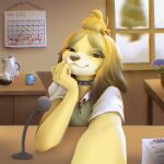  animal_crossing anthro bell bell_accessory bell_hair_tie blonde_hair calendar canid canine canis clenched_hands clothing coffee_mug collar desk detailed_background domestic_dog female flower_pot fur furniture hair hand_on_chin hi_res isabelle_(animal_crossing) long_hair looking_at_viewer mammal microphone nintendo selfie smile smiling_at_viewer solo spiked_collar spikes stockinger table video_games window 
