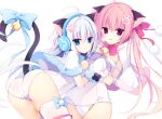  2girls absurdres ahoge animal_ears ass bandaid bandaid_on_leg bangs bell blue_bow blue_eyes bow breasts capelet cat_ears cat_girl cat_tail commentary covered_navel fur-trimmed_capelet fur_trim grey_hair groin hair_between_eyes hair_bow headphones highres jingle_bell long_hair medium_breasts muku_(apupop) multiple_girls old_school_swimsuit one-piece_swimsuit original parted_lips paw_hair_ornament pink_hair red_bow red_eyes romaji_commentary school_swimsuit simple_background sweater swimsuit tail tail_bell tail_bow tail_ornament tail_raised thighhighs tongue tongue_out twintails very_long_hair white_background white_capelet white_sweater white_thighhighs 