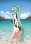  1girl absurdres alternate_costume aotsuba bangs breasts green_eyes green_hair highres large_breasts long_hair ocean one-piece_swimsuit pneuma_(xenoblade) ponytail solo swept_bangs swimsuit tiara very_long_hair water xenoblade_chronicles_(series) xenoblade_chronicles_2 