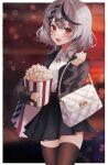  1girl absurdres bag black_jacket black_skirt braid casual food grey_hair handbag heart_pendant highres hololive jacket popcorn red_eyes sakamata_chloe shopping_bag sinonomemikann skirt thighhighs virtual_youtuber 