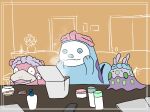  animal_focus beauty_treatment closed_eyes commentary_request cucumber cucumber_slice goomy hands_on_own_cheeks hands_on_own_face headband indoors no_humans pic_koiwai pokemon pokemon_(creature) quagsire slowpoke smile steam 