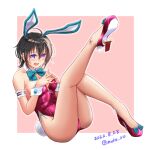 1girl animal_ears armband bare_legs black_hair blue_bow blue_bowtie borrowed_character bow bowtie breasts commentary_request commission detached_collar full_body highres leotard medium_breasts moke_ro original pink_hair playboy_bunny purple_eyes purple_footwear purple_leotard rabbit_ears rabbit_tail rudder_footwear short_hair skeb_commission solo steepled_fingers strapless strapless_leotard tail wrist_cuffs 