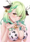  1girl :o absurdres animal_ears animal_print antlers bangs barcode bell bikini black_collar blush branch breasts ceres_fauna cleavage collar cow_ears cow_hair_ornament cow_print cowbell crossed_bangs ear_tag flower green_hair green_nails hair_flower hair_ornament hands_up highres hololive hololive_english kaigan large_breasts leaf long_hair looking_at_viewer mole mole_under_eye neck_bell parted_lips revision solo swimsuit upper_body virtual_youtuber wavy_hair yellow_eyes 