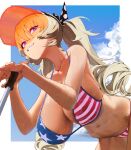  1girl american_flag_bikini bangs bare_arms bare_shoulders bikini black_bow blonde_hair blue_sky border bow breasts cloud collarbone commentary drill_hair flag_print grin hair_bow hanging_breasts hat highres huge_breasts leaning_forward leaning_on_object leaning_on_weapon long_hair looking_to_the_side navel original polka_dot polka_dot_bow purple_eyes sky smile solo swimsuit sword teeth twintails waterswing weapon wet white_border 