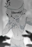  1boy blurry bulge depth_of_field finger_to_mouth greyscale inkling inkling_boy jinkobanana looking_at_viewer monochrome navel no_nipples pov shushing smile splatoon_(series) tentacle_hair toned toned_male towel towel_around_neck twitter_username 