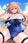  1girl beach blue_one-piece_swimsuit blue_sky breasts brown_eyes casual_one-piece_swimsuit cloud commentary_request cowboy_shot day food horizon ice_cream jacket johnston_(kancolle) kantai_collection kirisaki_byakko large_breasts light_brown_hair long_hair looking_at_viewer ocean official_alternate_costume one-piece_swimsuit outdoors see-through see-through_jacket sitting sky solo swimsuit thick_thighs thighs tongue tongue_out two_side_up 