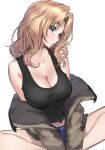  1girl bare_legs bare_shoulders black_tank_top blonde_hair blue_eyes blue_shorts breasts brown_jacket cleavage closed_mouth collarbone girls_und_panzer highres indian_style jacket kay_(girls_und_panzer) large_breasts legs long_sleeves looking_at_viewer medium_hair monegi shorts simple_background sitting solo tank_top white_background 