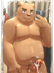  10_cosmo_24 2022 anthro balls belly blush bodily_fluids cellphone cum ear_piercing ear_ring erection genital_fluids genitals hi_res humanoid_genitalia humanoid_hands humanoid_penis kemono male mammal mirror mirror_selfie moobs nipples overweight overweight_male penis phone piercing ring_piercing selfie smartphone solo tongue tongue_out ursid 