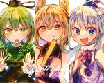  3girls :3 :d :o bangs black_headwear blue_eyes blue_headwear brown_eyes brown_hair closed_mouth cross-laced_clothes crossed_bangs dress green_dress green_eyes grey_hair hat itsumizu lightning long_hair long_sleeves looking_at_viewer mononobe_no_futo multiple_girls open_mouth pointy_hair pom_pom_(clothes) ponytail ritual_baton short_hair sleeveless smile soga_no_tojiko tate_eboshi touhou toyosatomimi_no_miko upper_body white_background 