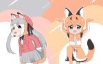  2girls animal_costume animal_ear_fluff animal_ears blazer bow bowtie caracal_(kemono_friends) caracal_ears elbow_gloves fox_ears fox_girl fox_tail gloves grey_hair hat highres island_fox_(kemono_friends) jacket kemono_friends kemono_friends_v_project long_hair looking_at_viewer multicolored_hair multiple_girls necktie orange_hair parody ribbon shirt simple_background skirt sleeveless sleeveless_shirt tail twintails virtual_youtuber wanwan_(wanwan_ag) 