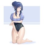  1girl alternate_hairstyle assault_lily bangs bare_legs barefoot black_one-piece_swimsuit blue_background blue_hair blue_one-piece_swimsuit breasts casual_one-piece_swimsuit cleavage closed_mouth collarbone commentary covered_navel frilled_hairband frills full_body hair_between_eyes hair_bun hairband hand_on_own_thigh hand_up highres itou_shizu_(assault_lily) jewelry kneeling light_blush long_hair looking_at_viewer medium_breasts one-piece_swimsuit puffy_short_sleeves puffy_sleeves purple_eyes ring short_sleeves sidelocks single_hair_bun solo swimsuit tori_udon two-tone_background two-tone_swimsuit white_background white_hairband 