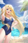  1girl absurdres beach blonde_hair blue_eyes blue_sky breasts cloud competition_school_swimsuit cowboy_shot day hair_between_eyes han_mao_ji_moki highres horizon jewelry kofune_ushio long_hair necklace ocean outdoors school_swimsuit shell_necklace sky small_breasts smile solo summertime_render swimsuit upper_body very_long_hair 