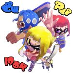  1boy 2girls :d ;) absurdres asymmetrical_hair black-framed_eyewear blonde_hair blue_hair blue_shirt bow_(weapon) braid clenched_hand closed_mouth dark-skinned_male dark_skin eyebrow_cut glasses highres holding holding_bow_(weapon) holding_weapon inkling inkling_(language) inkling_girl long_hair multiple_girls octoling octoling_boy one_eye_closed painapo paint pointy_ears purple_eyes red_eyes red_hair red_shirt shirt short_hair short_sleeves simple_background smile splatana_(splatoon) splatoon_(series) splatoon_3 splattershot_(splatoon) suction_cups super_soaker teeth tentacle_hair tie-dye tri-stringer_(splatoon) v v-shaped_eyebrows weapon white_background yellow_eyes yellow_shirt 