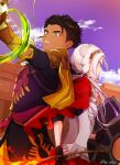  1boy 1girl cape claude_von_riegan closed_mouth dark_skin edelgard_von_hresvelg fire_emblem fire_emblem:_three_houses fire_emblem_warriors:_three_hopes gloves hair_ornament hair_ribbon highres kai_angie long_hair long_sleeves official_alternate_costume official_alternate_hairstyle purple_eyes ribbon smile white_hair 