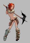  1girl armor axe breasts grey_background hamama2 highres holding holding_axe holding_weapon medium_breasts medium_hair nipples nude original red_hair reverse_bikini_armor reverse_outfit simple_background weapon 