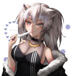  1girl animal_ears artist_name bangs bare_shoulders black_choker black_jacket black_shirt blush bodystocking breasts choker cleavage closed_mouth commentary dated_commentary fur-trimmed_jacket fur_trim grey_eyes grey_hair heart highres holding_ice_cream hololive jacket jacket_pull lion_ears long_hair looking_at_viewer medium_breasts misa_pika open_clothes open_jacket shirt shishiro_botan simple_background smile snowflakes solo tongue tongue_out twintails twitter_username upper_body virtual_youtuber white_background 