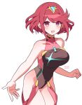  1girl bangs black_one-piece_swimsuit breasts chest_jewel competition_swimsuit covered_collarbone gem headpiece highres kotohatoko510 large_breasts one-piece_swimsuit pyra_(pro_swimmer)_(xenoblade) pyra_(xenoblade) red_eyes red_hair red_one-piece_swimsuit ribbed_swimsuit short_hair solo strapless strapless_swimsuit striped striped_one-piece_swimsuit swept_bangs swimsuit two-tone_swimsuit vertical-striped_swimsuit vertical_stripes xenoblade_chronicles_(series) xenoblade_chronicles_2 
