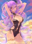  1girl absurdres armpits arms_behind_head arms_up backlighting bangs bare_shoulders beach black_one-piece_swimsuit blue_sky breasts cleavage earrings fate/grand_order fate_(series) gradient_sky hair_between_eyes hair_ornament hair_scrunchie highleg highleg_swimsuit highres jewelry large_breasts long_hair looking_at_viewer muneomon_(takomon) ocean one-piece_swimsuit orange_sky presenting_armpit purple_eyes purple_hair scrunchie side_ponytail sidelocks sky smile solo swimsuit thighlet thighs tongue tongue_out twilight very_long_hair wading wrist_scrunchie wu_zetian_(fate) wu_zetian_(swimsuit_caster)_(fate) 