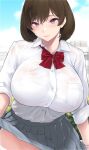  1girl bangs blush bow bowtie breasts brown_hair collared_shirt grey_skirt kemigawa_mondo large_breasts looking_at_viewer original purple_eyes shirt short_hair short_sleeves skirt smile solo white_shirt 