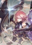  1girl ahoge arm_guards armor armored_boots armored_dress bare_shoulders boots breasts cowboy_shot fate/grand_order fate_(series) fighting hair_over_one_eye highres holding holding_shield lord_camelot_(fate) lower_teeth mash_kyrielight open_mouth outstretched_arm pink_eyes pink_hair shield solo sword teeth weapon weibo_logo weibo_username yu-x 