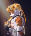  armor artist_name clone_trooper cobalt_beam cody_(star_wars) energy_sword flower helmet highres holding holding_weapon lightsaber looking_down ornament plant standing star_wars sunflower sword weapon white_flower yellow_flower yellow_theme 