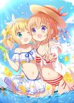  2girls :d absurdres bikini blonde_hair blue_eyes blue_sky blush bow breasts brown_hair brown_headwear cleavage cloud collarbone commentary_request day flower gochuumon_wa_usagi_desu_ka? hair_flower hair_ornament hair_ribbon hairband hat highres holding hood hood_down hooded_jacket hoto_cocoa jacket kirima_syaro long_sleeves looking_at_viewer medium_breasts message_in_a_bottle multiple_girls navel off_shoulder one_eye_closed open_clothes open_jacket outdoors outstretched_arm pink_flower purple_eyes ribbon sky small_breasts smile standing stick_jitb striped striped_bikini striped_bow sun sun_hat swimsuit twintails v water water_gun white_bikini white_hairband white_jacket white_ribbon yellow_flower 