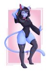  absurd_res accessory andersonfbr anthro bell bell_collar black_hair blue_body blue_fur clothing collar felid feline female fur fur_markings furgonomics hair hi_res hood legwear long_tail mammal markings myra_(veekna) one_piece_top purple_eyes solo tail_accessory thigh_highs 