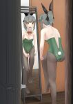  1girl absurdres alternate_costume animal_ears black_pantyhose bow bowtie brown_eyes commentary_request detached_collar door fake_animal_ears feet_out_of_frame from_behind green_leotard grey_hair highres igarashi_(whale_shark_sig) kantai_collection leotard long_hair mirror orange_bow orange_bowtie pantyhose playboy_bunny rabbit_ears rabbit_tail reflection solo strapless strapless_leotard tail unzipped wrist_cuffs yuubari_(kancolle) 