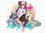  1girl :d black_pantyhose blue_eyes blue_footwear brown_hair bubux double_bun doughnut_hair_bun hair_bun legwear_under_shorts pantyhose pokemon pokemon_(game) pokemon_bw2 raglan_sleeves riolu rosa_(pokemon) shoes shorts smile sneakers snivy visor_cap yellow_shorts 