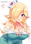  1girl absurdres blonde_hair blue_eyes breasts cleavage crown earrings highres jewelry large_breasts long_hair mario_(series) rosalina simple_background solo star_(symbol) star_earrings sugarbell super_mario_galaxy white_background 