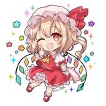  1girl ;d absurdres ascot bangs bow chibi crystal fang flandre_scarlet full_body haruki_(colorful_macaron) hat hat_ribbon highres index_finger_raised looking_at_viewer mob_cap one_eye_closed one_side_up red_bow red_eyes red_footwear red_ribbon red_skirt red_vest ribbon shirt short_sleeves simple_background skirt smile socks solo star_(symbol) touhou twitter_username vest white_background white_headwear white_shirt white_socks wings wrist_cuffs yellow_ascot 